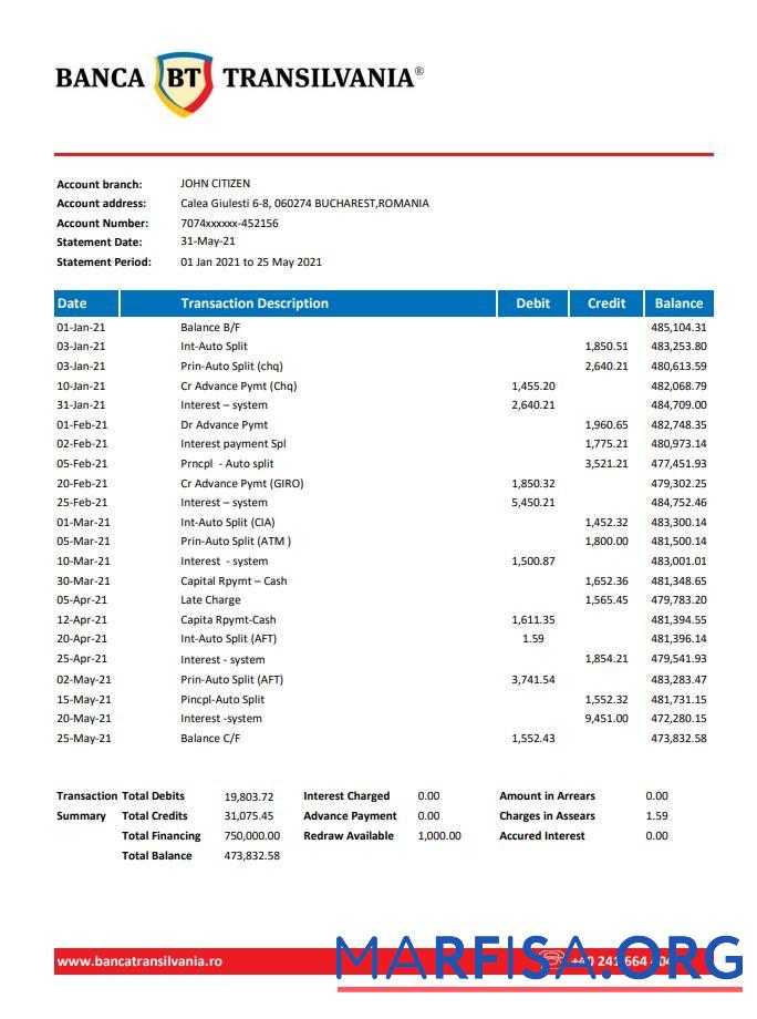 Printable Romania Banca Transilvania bank statement word template